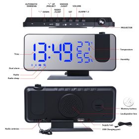 FM Radio LED Digital Smart Alarm Clock Watch Table Electronic Desktop Clocks USB Wake Up Clock with 180° Time Projection Snooze (Color: Black-Blue, Ships From: China)