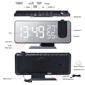 FM Radio LED Digital Smart Alarm Clock Watch Table Electronic Desktop Clocks USB Wake Up Clock with 180° Time Projection Snooze (Color: Black, Ships From: China)
