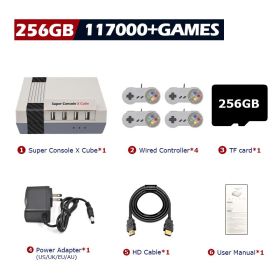 Super Console X Cube Retro Game Console Support 117000 Video Games 70 Emulators for PSP/PS1/DC/N64/MAME with Gamepads (Color: 256G wired-4, Bundle: US PLUG)