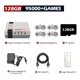 Super Console X Cube Retro Game Console Support 117000 Video Games 70 Emulators for PSP/PS1/DC/N64/MAME with Gamepads (Color: 128G wired-4, Bundle: US PLUG)